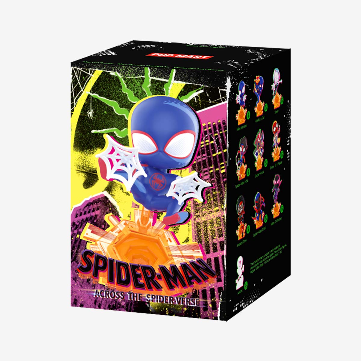 Marvel Spider-Man Across the Spider-Verse Series Figures box showcasing toy figures, featuring preorder details and collectible designs, including 12 regular and 2 secret styles.