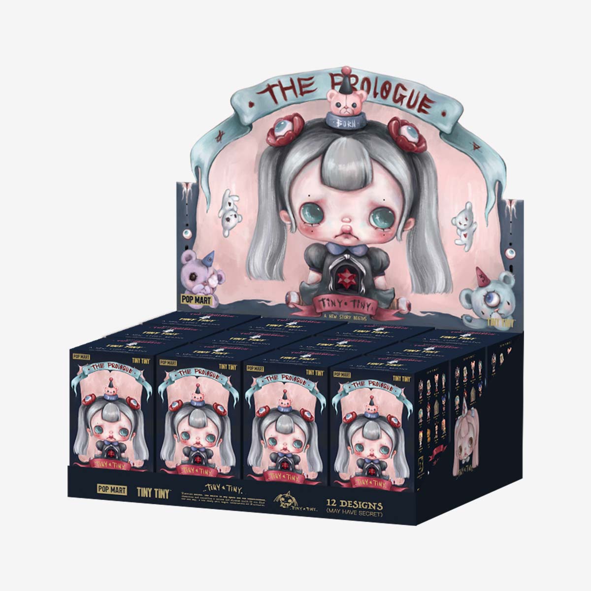 TINYTINY-PROLOGUE SERIES FIGURES box featuring cartoon characters, including a girl with big eyes and a bear, available for preorder at Strangecat Toys.
