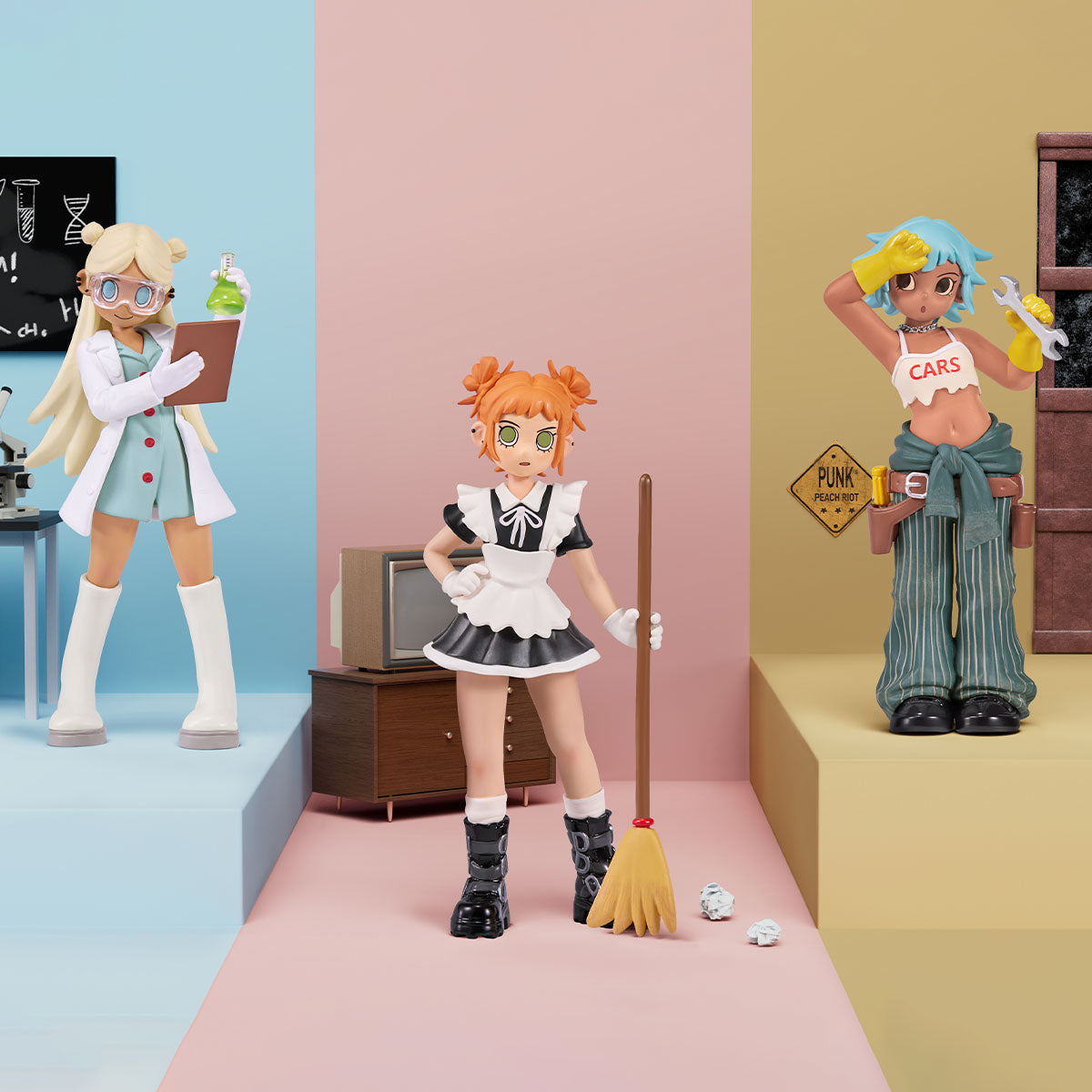 Peach Riot Rush Hour Blind Box Series Figures featuring various cartoon character figurines, including a maid, bell holder, and girl in a white coat.