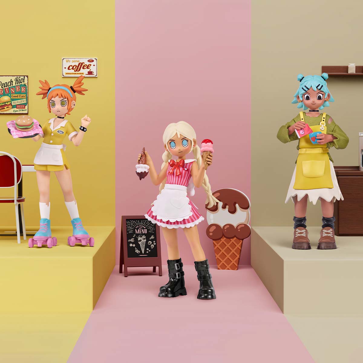 Peach Riot Rush Hour Blind Box Series Figures featuring cartoon characters, including a doll in a yellow apron, part of a 12-design collection.