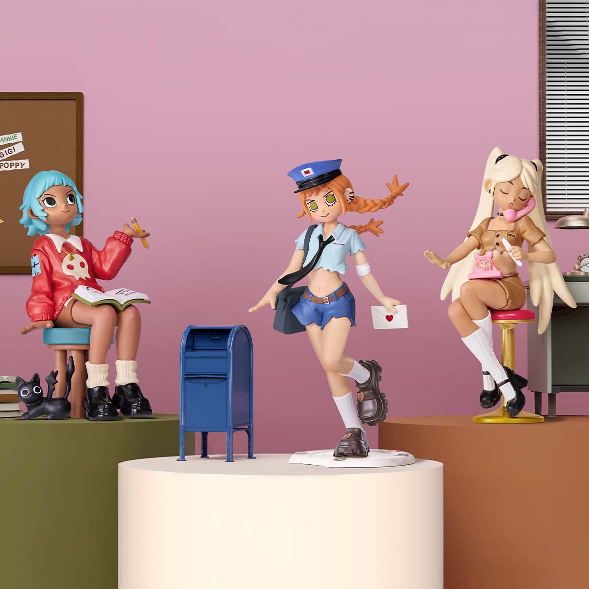 Peach Riot Rush Hour Blind Box Series Figures featuring cartoon characters, including a girl holding a pencil and book, and a woman on a stool.