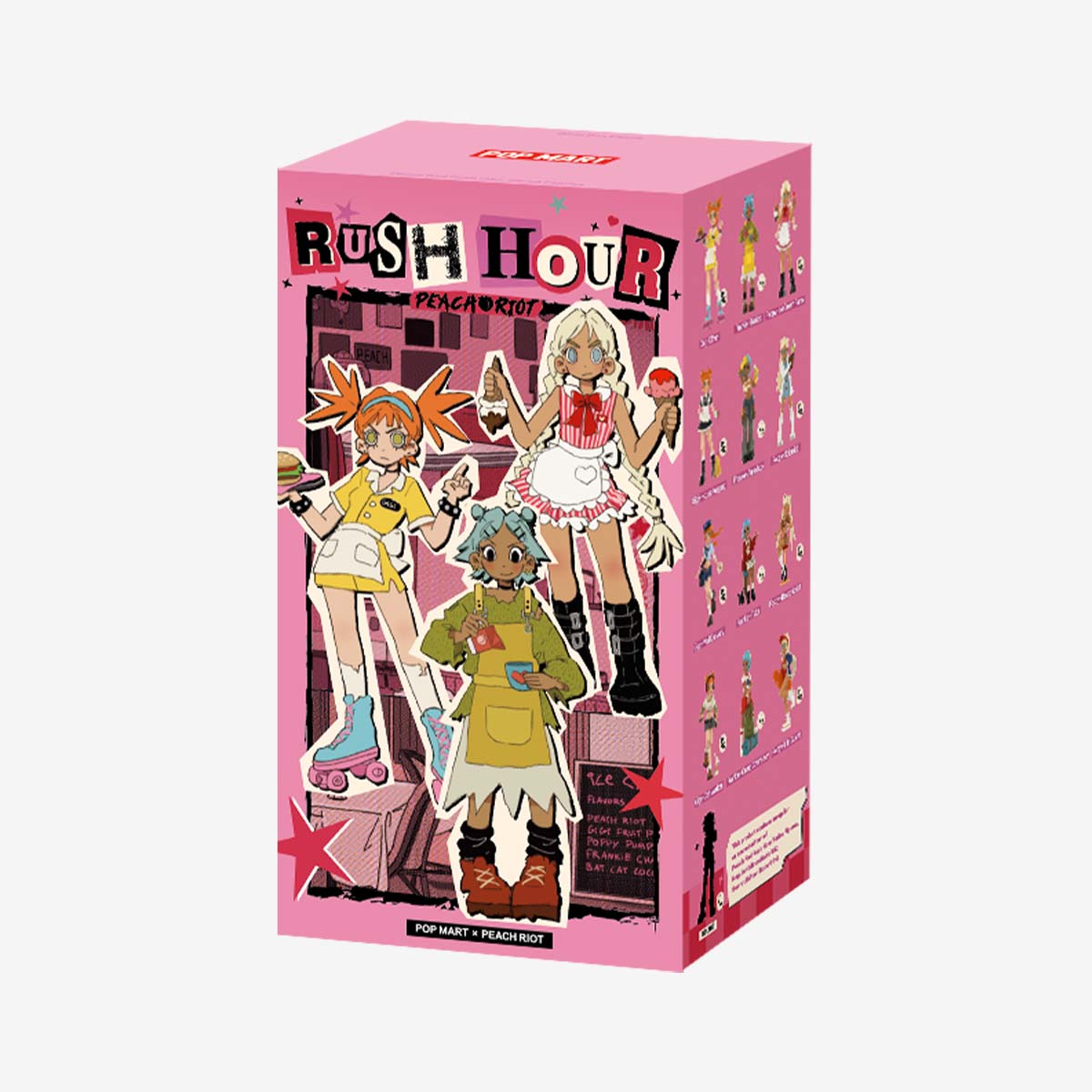 Peach Riot Rush Hour Blind Box Series Figures featuring diverse cartoon characters, including a woman in an apron and a girl, available at Strangecat Toys.