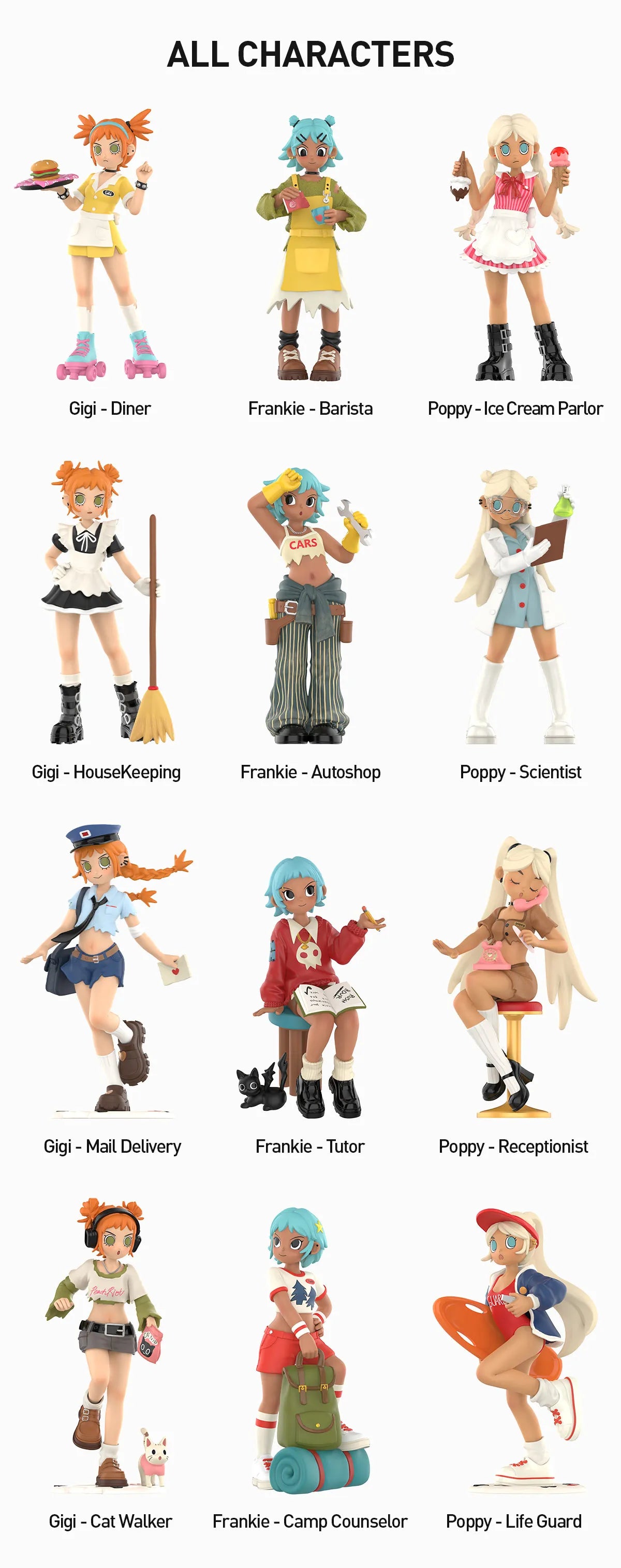 Peach Riot Rush Hour Blind Box Series Figures featuring cartoon characters in various poses, including holding objects like a mug and ice cream cone.