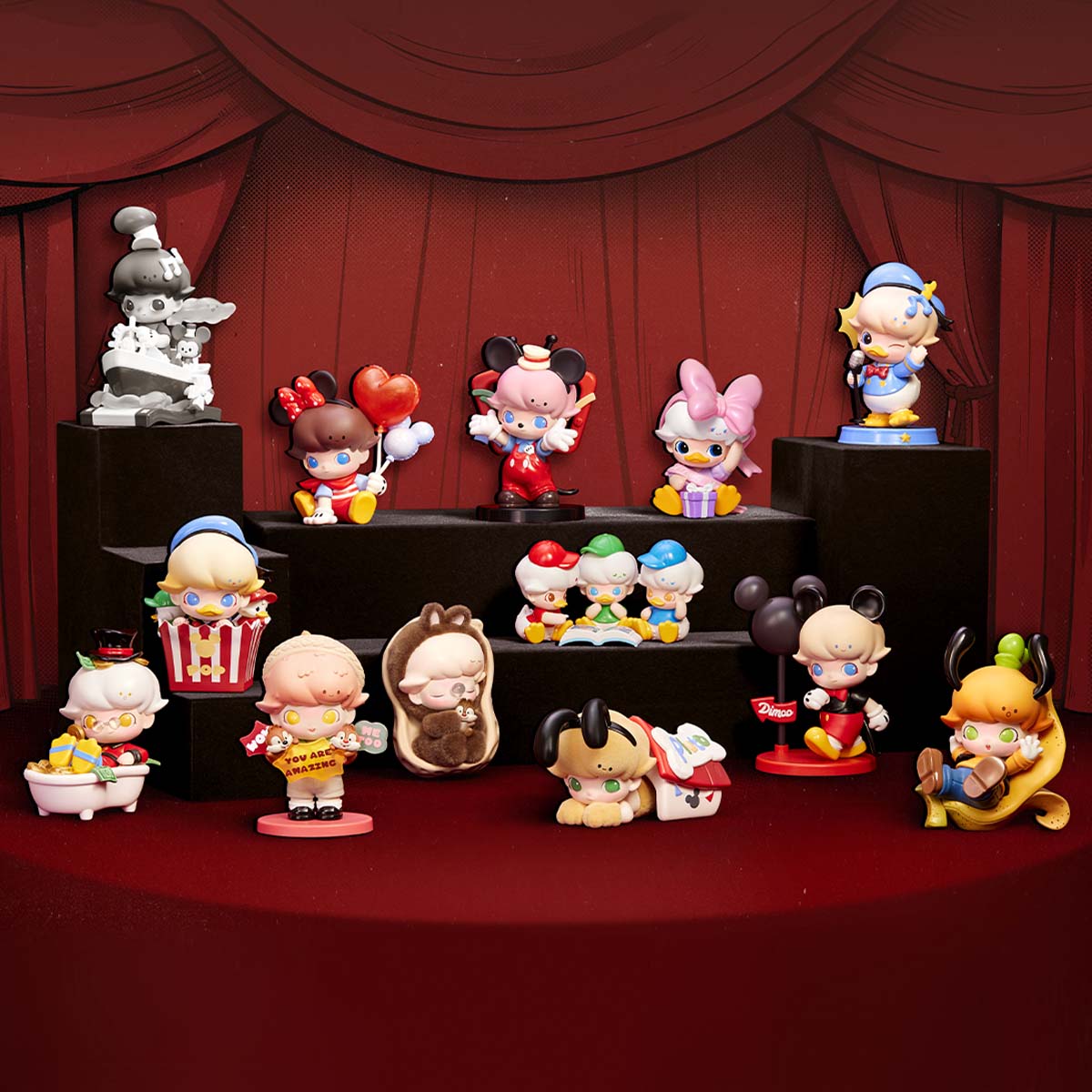 DIMOO WORLD × DISNEY Series Figures featuring various toy figurines, including cartoon characters and animals, showcased on a red table for preorder.