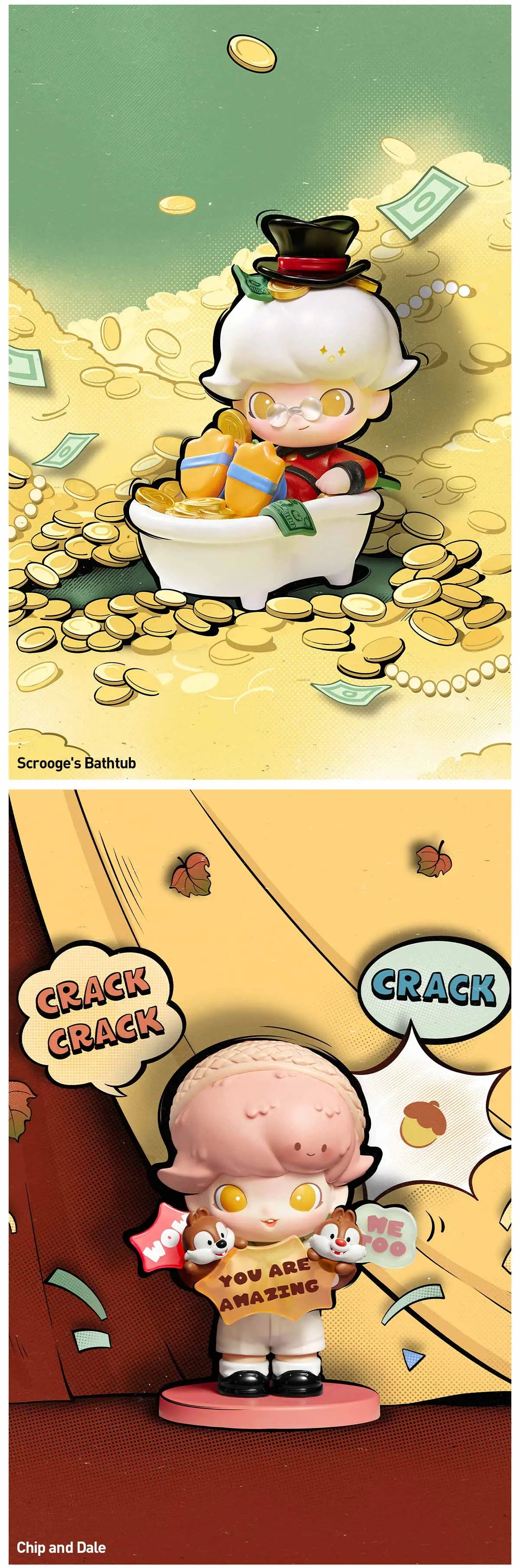 DIMOO WORLD × DISNEY Series Figures featuring cartoon piggy bank, toy girl with sign, and boy with money in tub. Preorder for 12 designs or secret.