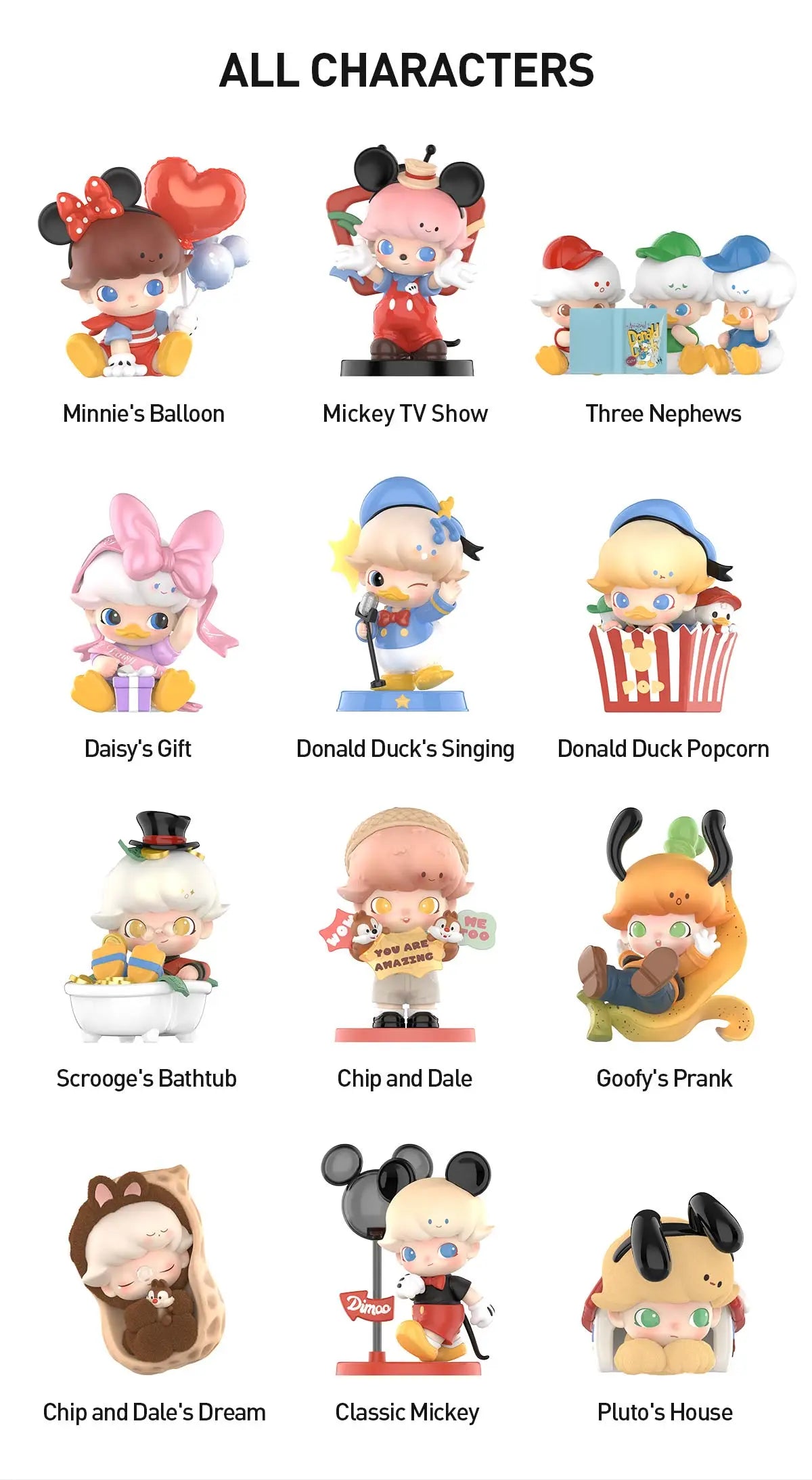 DIMOO WORLD × DISNEY Series Figures featuring various cartoon characters and toys, available for preorder. Includes 12 designs plus a secret option. Ships late April 2025.