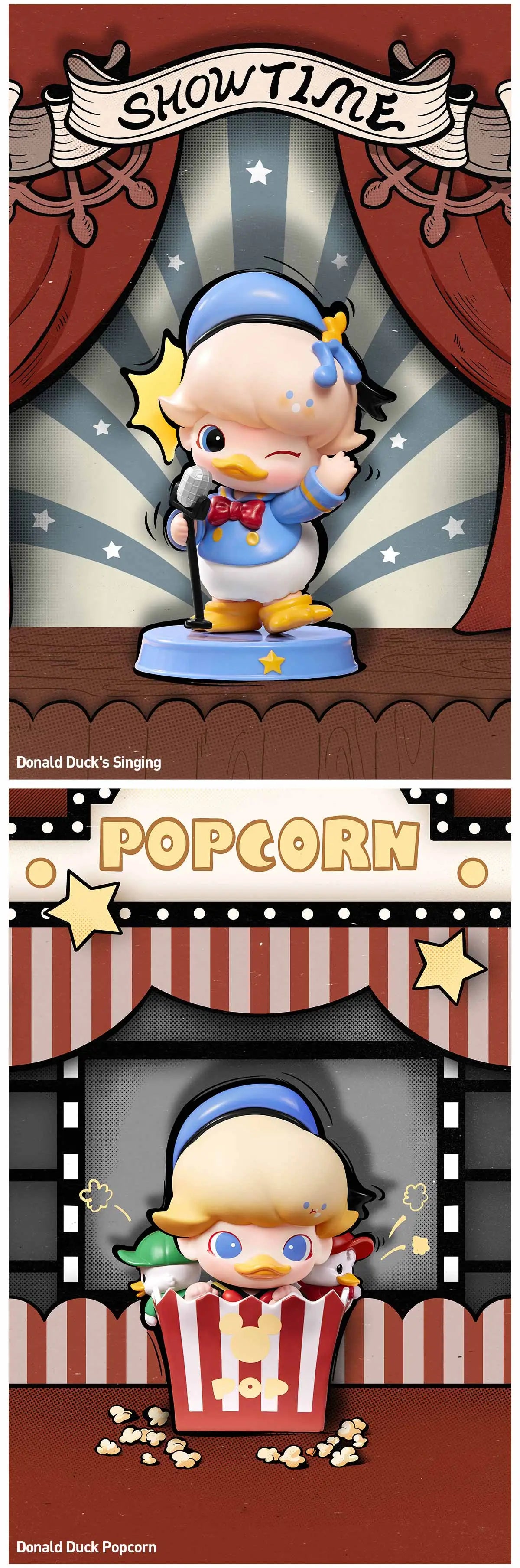 DIMOO WORLD × DISNEY Series Figures - Preorder, featuring a cartoon duck holding a microphone and a toy duck in a popcorn box. Ships Late April 2025.