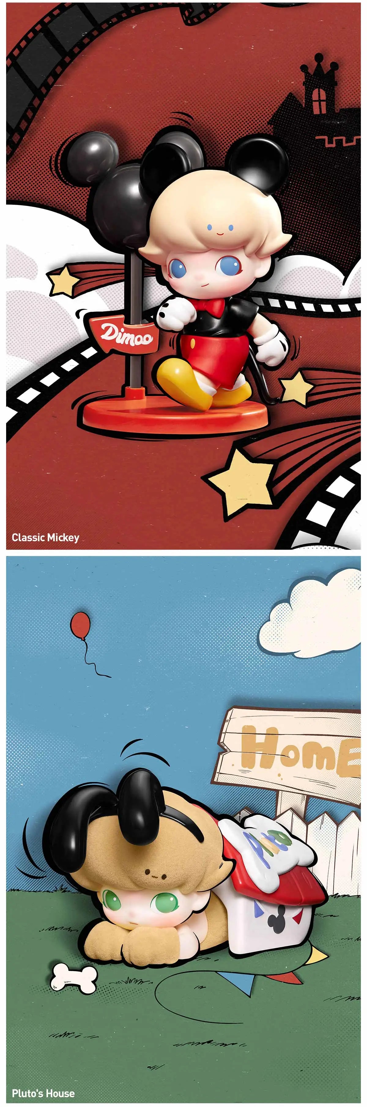 DIMOO WORLD × DISNEY Series Figures preorder, featuring cartoon characters and unique designs. Part of a 12-design collection, available from Strangecat Toys.