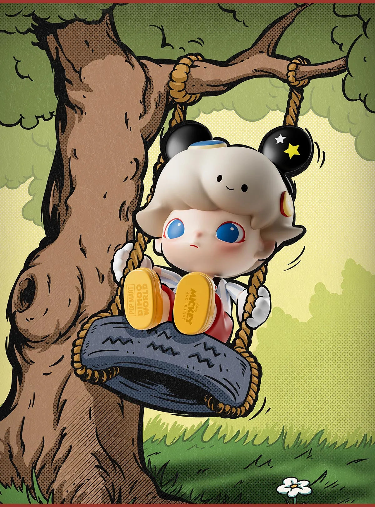 MEGA JUST DIMOO 400% Mickey Mouse figure, featuring a cartoon character on a swing with blue eyes, made of PVC/ABS. Preorder for April 2025 shipping.