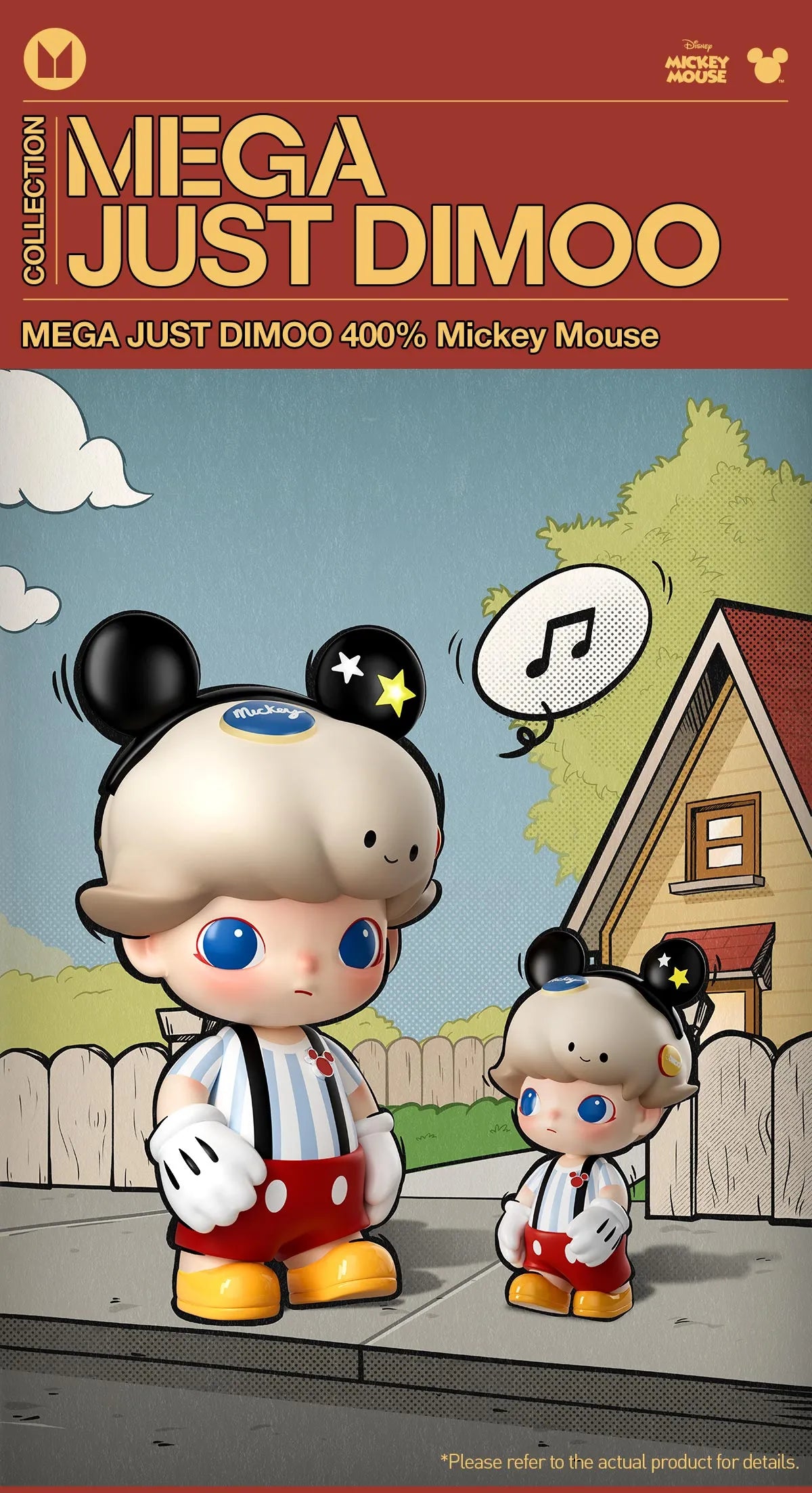 MEGA JUST DIMOO 400% Mickey Mouse figure, featuring cartoon characters with mouse ears, preorder available, dimensions 28cm including ears, made of PVC/ABS.