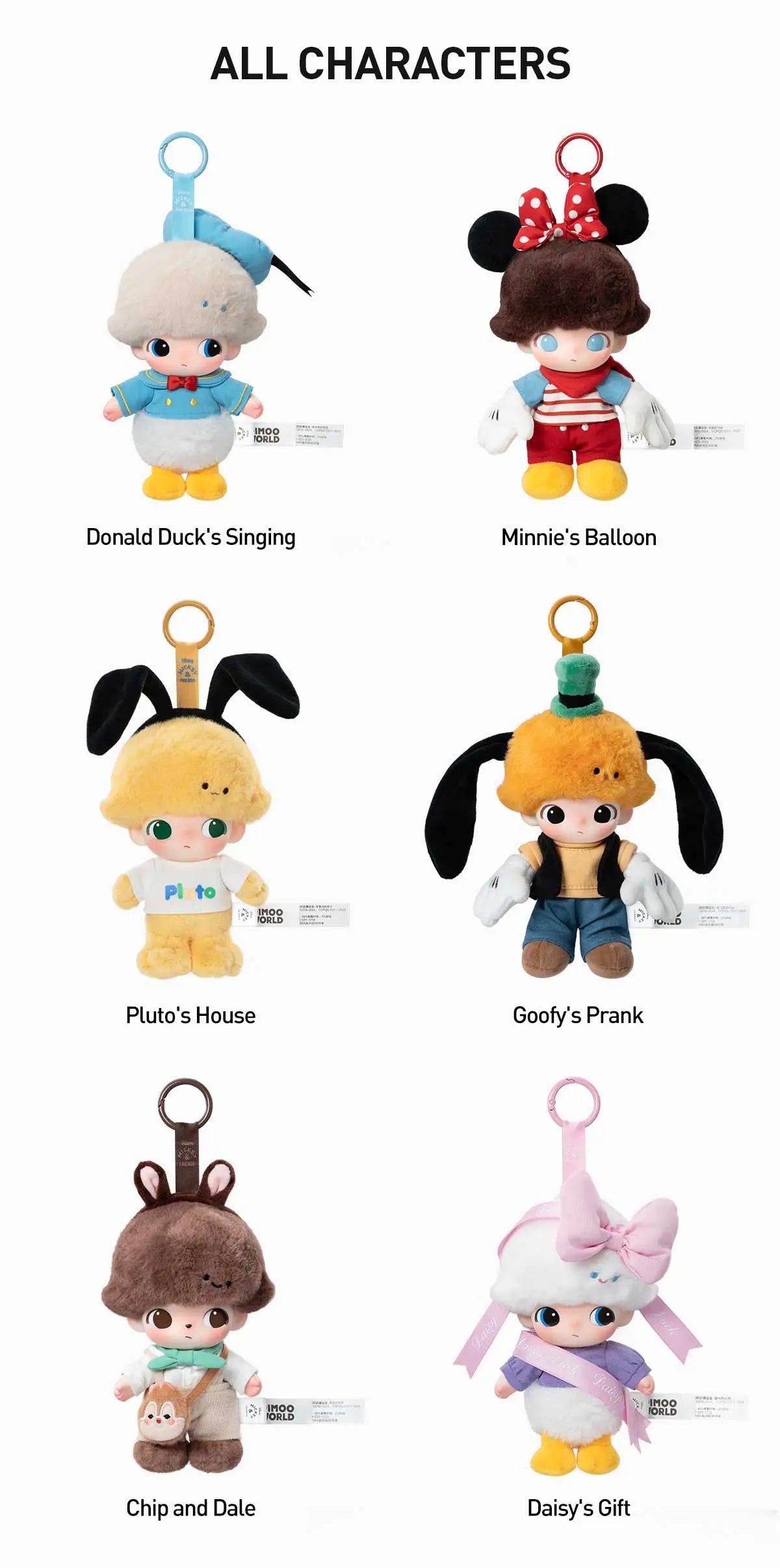 DIMOO WORLD × DISNEY Series-Vinyl Plush Keychain Blind Box featuring stuffed toys with hats and bows, available for preorder at Strangecat Toys, ships late April 2025.