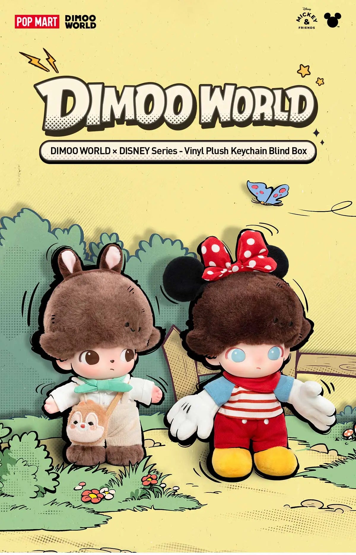 DIMOO WORLD × DISNEY Series-Vinyl Plush Keychain Blind Box, featuring plush toys with cartoon faces. Preorder for April 2025 release.