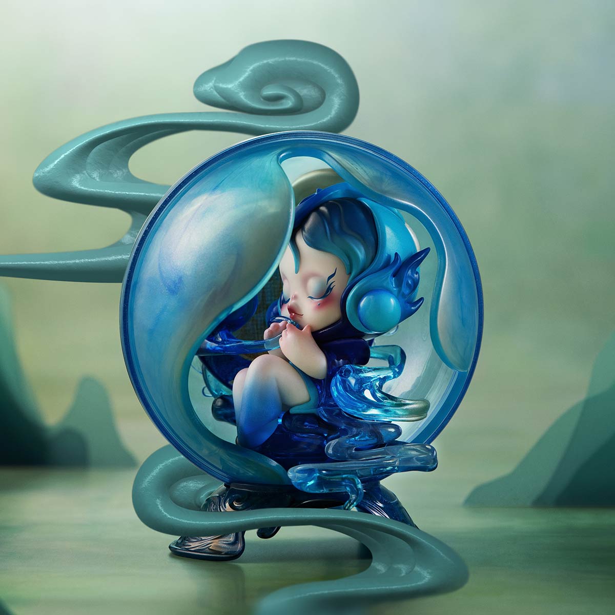 SKULLPANDA The Mirage Series Mini Bag featuring a cartoon girl figurine in a glass ball, part of a collectible art toy series.