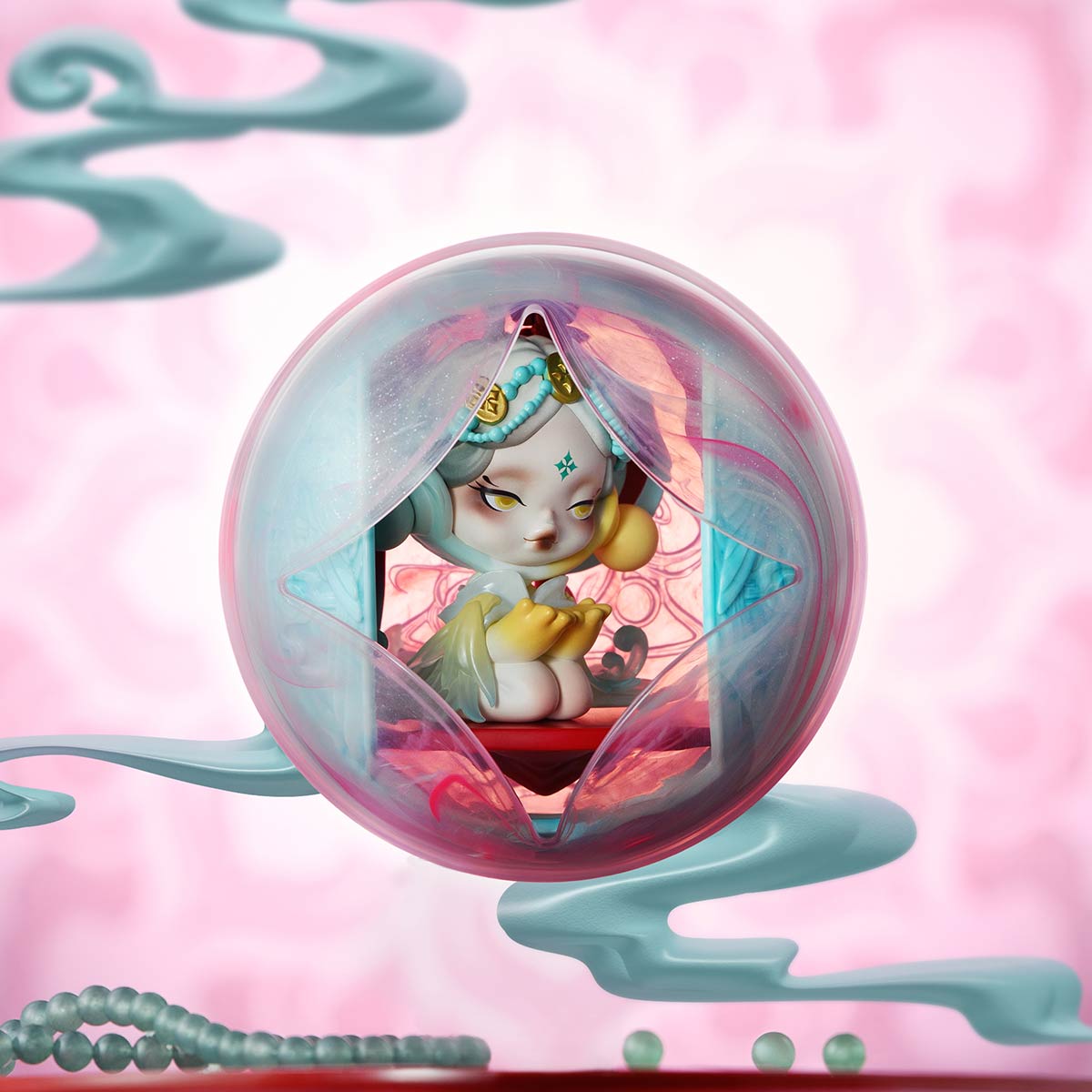 SKULLPANDA The Mirage Series Mini Bag shown encased in a bubble, highlighting its artistic design and part of a collectible toy series.