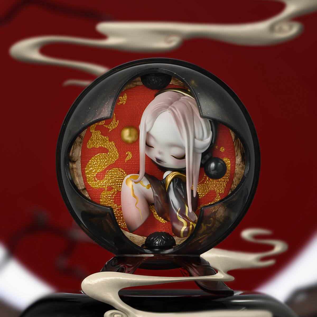SKULLPANDA The Mirage Series Mini Bag features a cartoon girl figurine sitting in a round black ball, available for preorder with potential secret designs.