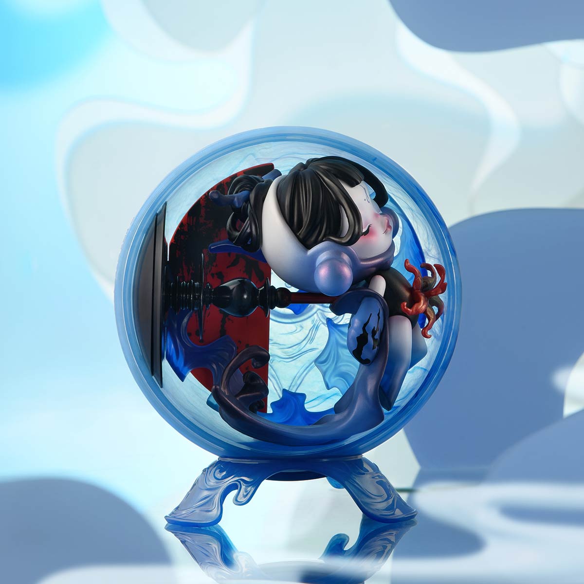 SKULLPANDA The Mirage Series Mini Bag showcasing a toy figurine encased in a sphere, part of a collectible series available for preorder.