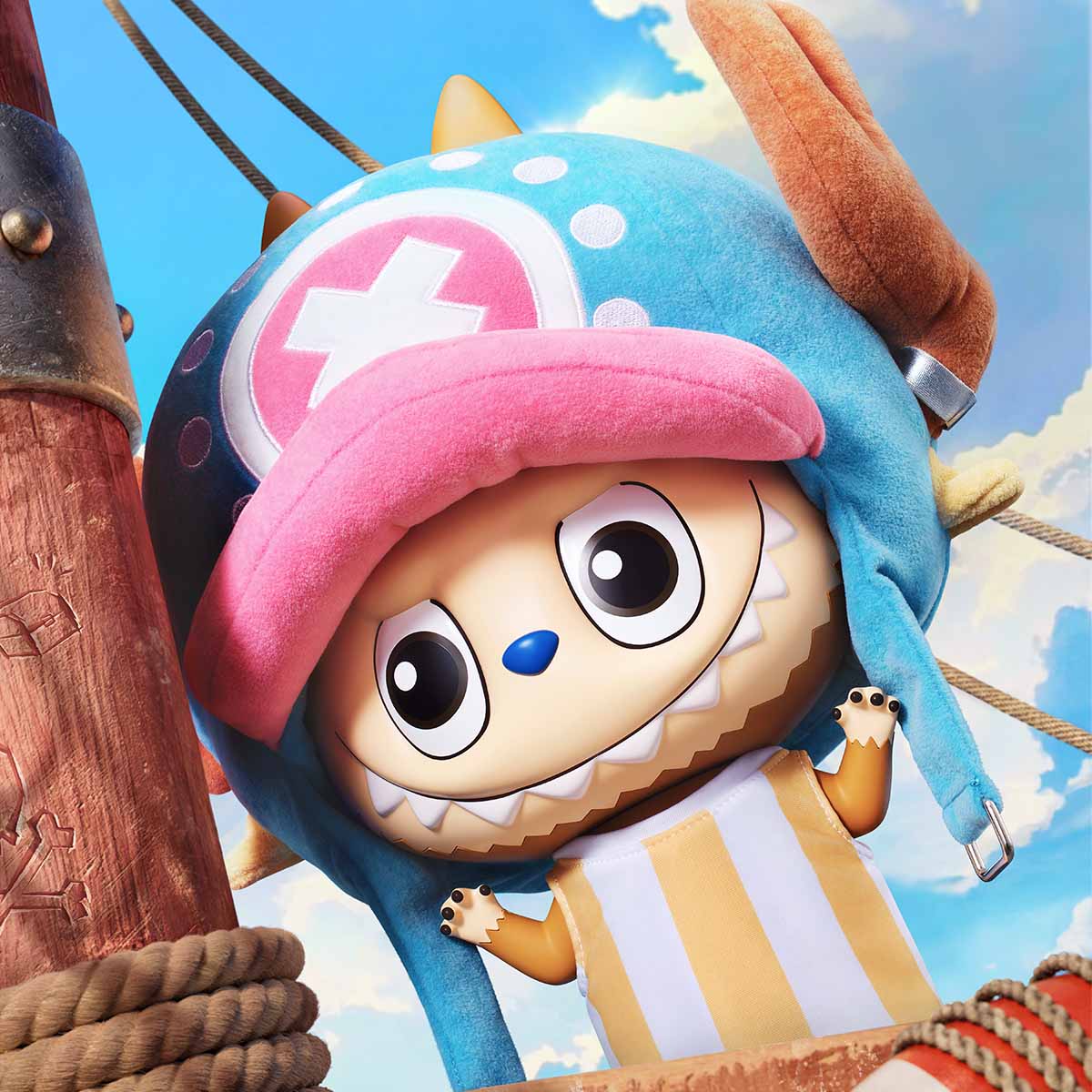 MEGA LABUBU 400% TONY TONY CHOPPER toy: A colorful, cartoonish figure with big eyes and a grin, wearing a hat and outfit, leaning on a wooden mast.