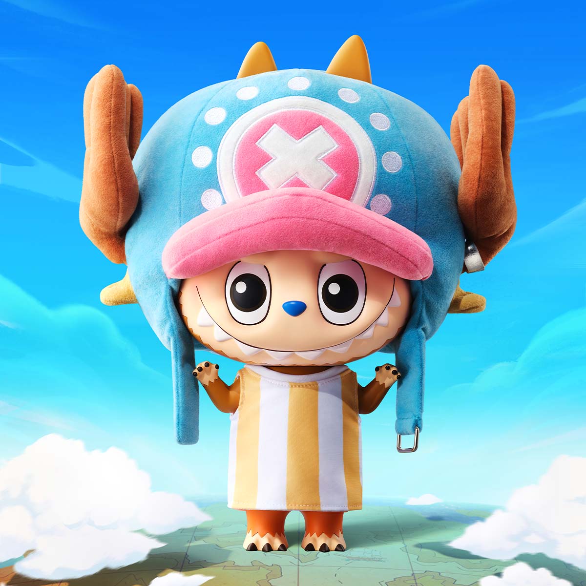 MEGA LABUBU 400% TONY TONY CHOPPER: Cartoon creature with plush helmet, orange fur, and striped tunic, stands on map-patterned ground, smiling under a blue sky.