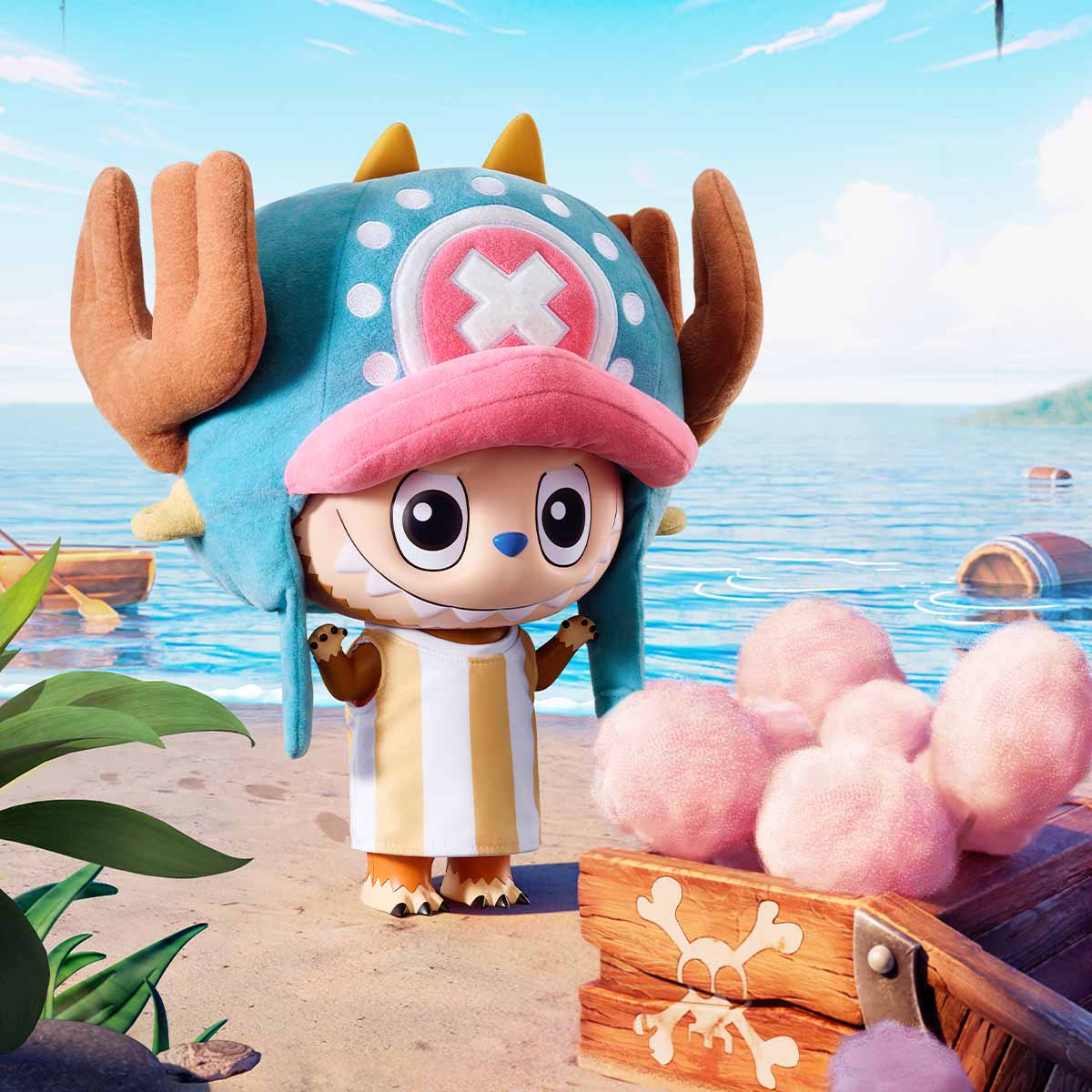 MEGA LABUBU 400% TONY TONY CHOPPER in a striped tunic, standing by a crate with pink balls, on a sandy shore with sea backdrop.