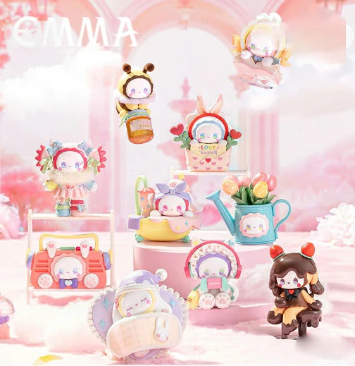 Emma Dopamine of Love Blind Box Series: A whimsical set of kawaii figurines with themed outfits in a dreamy pastel display, perfect for collectors.