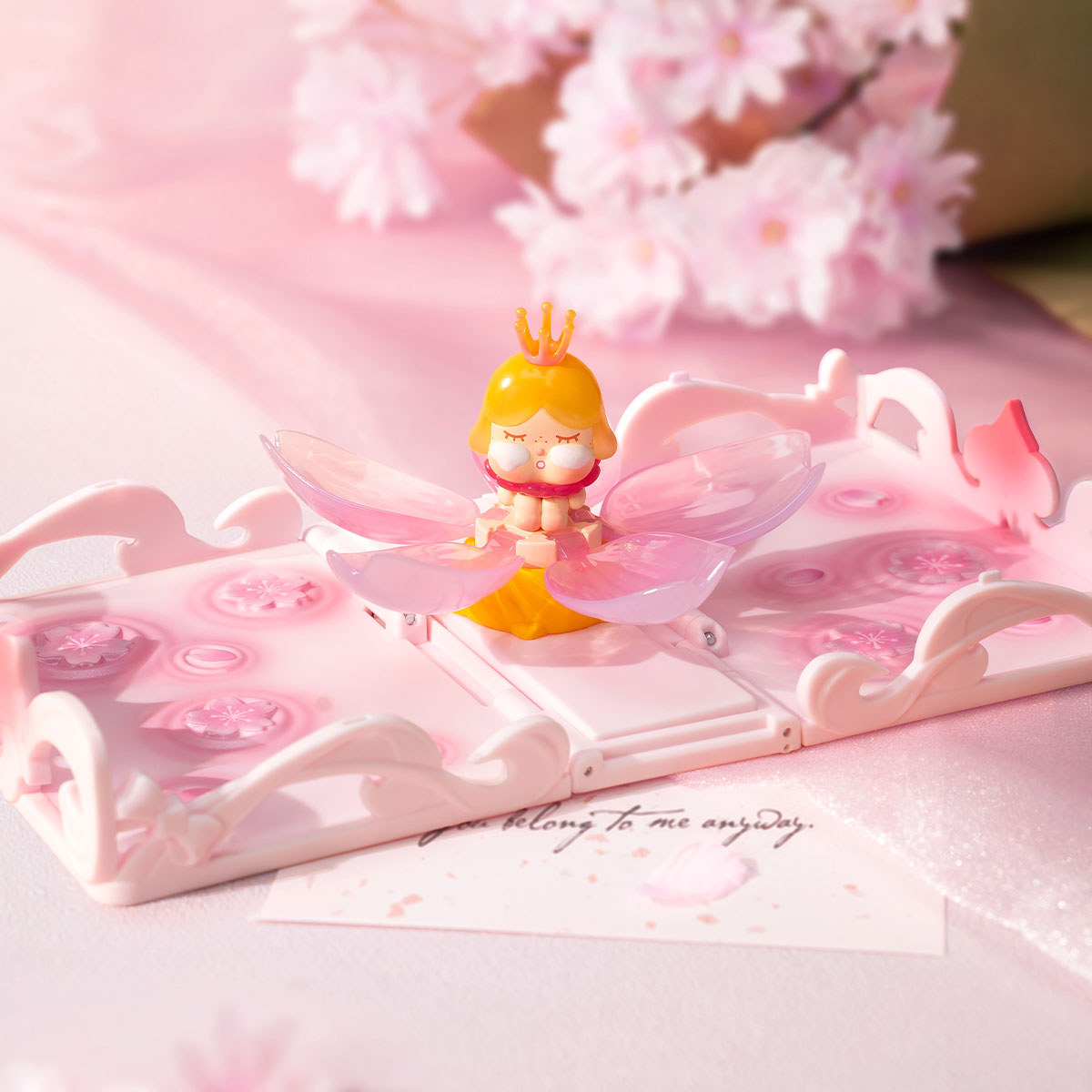 Pastel-pink playset unfolds into a flower stage with a tiny princess figure, part of the Gift For You Greeting Card Series Scene Sets.