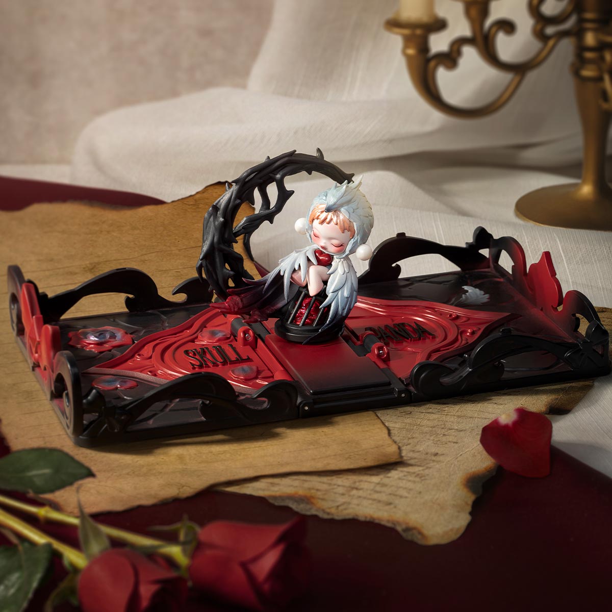 Chibi-style sleeping figure in a cage-like diorama from Gift For You Greeting Card Series Scene Sets, featuring gothic-romantic details, available for preorder at Strangecat Toys.