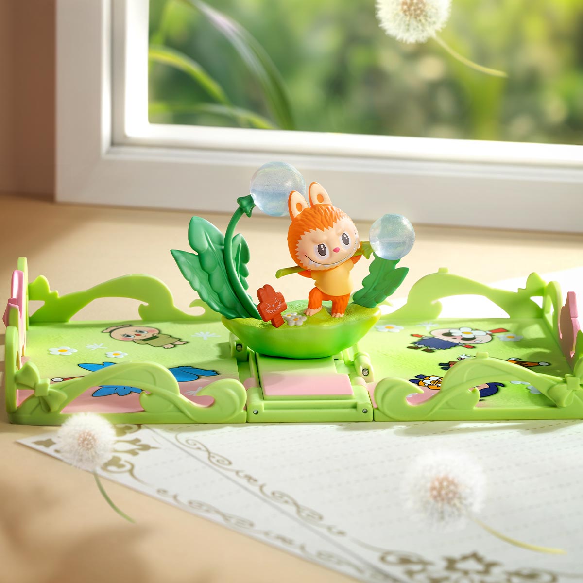 Gift For You Greeting Card Series Scene Set with orange rabbit-like character on leaf platform, featuring globe bubbles and cartoon animal illustrations.