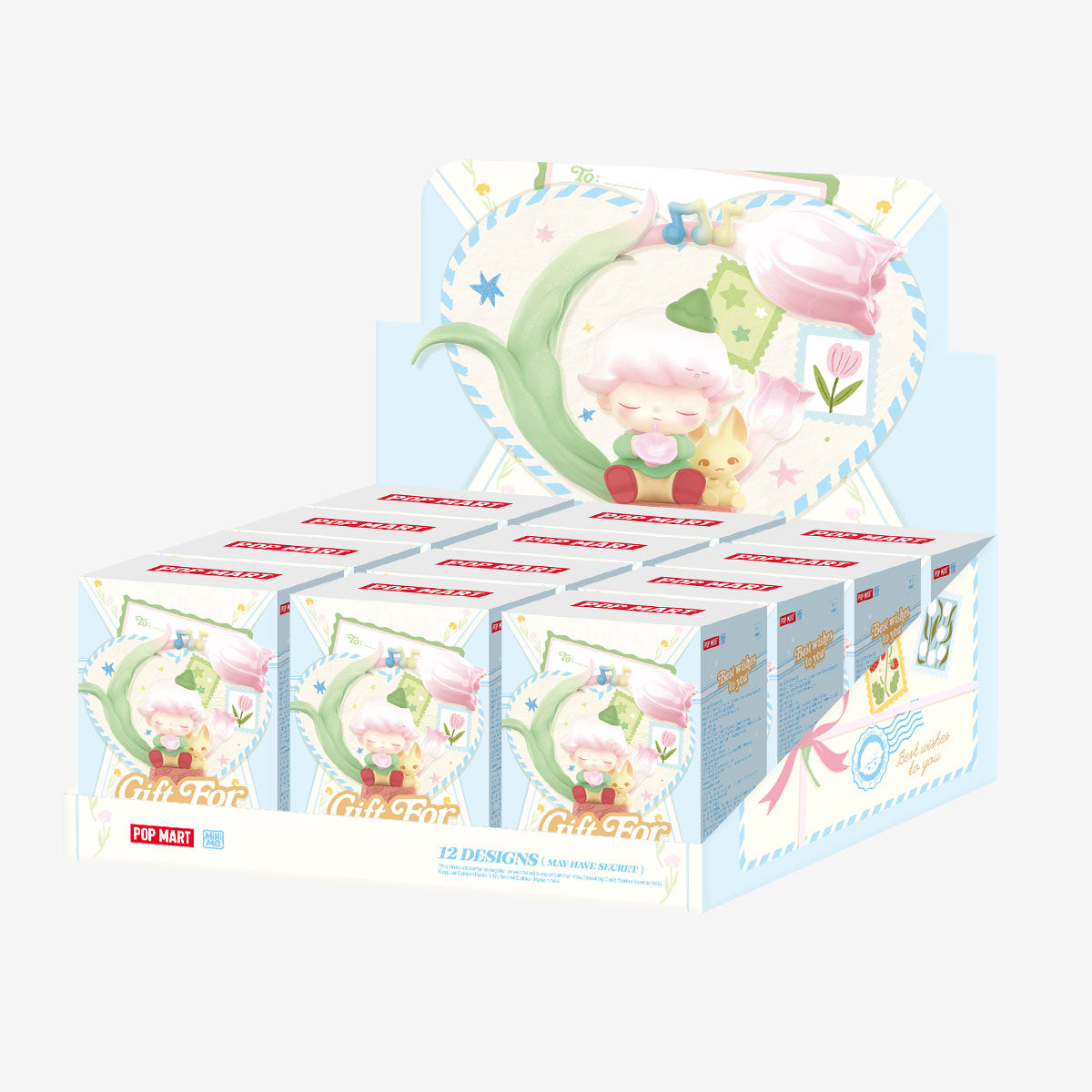 POP MART “Gift For You Greeting Card Series Scene Sets” display with blind-box toys featuring pastel characters, tulips, and animal friends. Collect 12 designs, including secret figures.