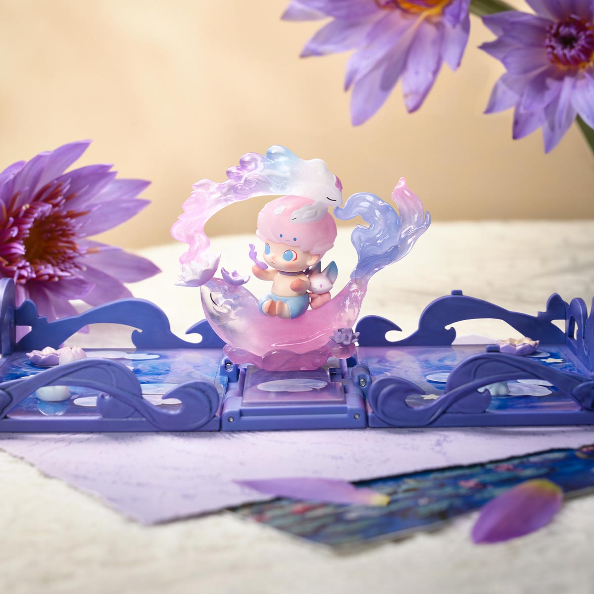 Collectible scene from Gift For You Greeting Card Series, featuring a pink-haired child and fox in a magical lavender swirl on a purple stage.