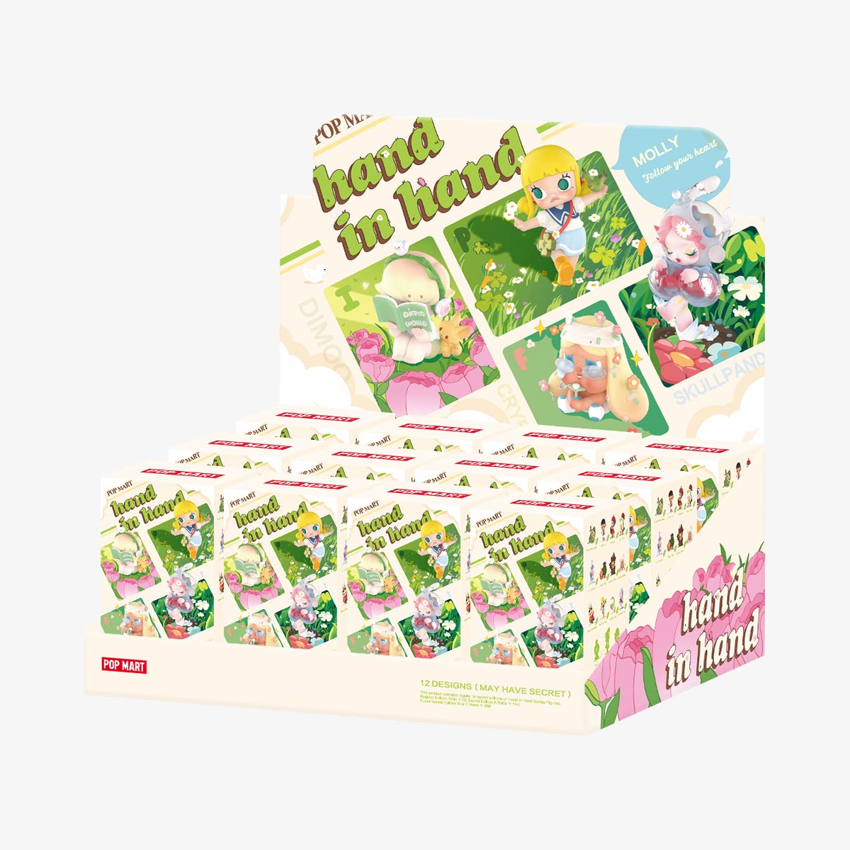 Hand in Hand Series Figures featuring a stuffed animal, a cartoon girl with a flower, and a book, available in 12 designs with a secret option.