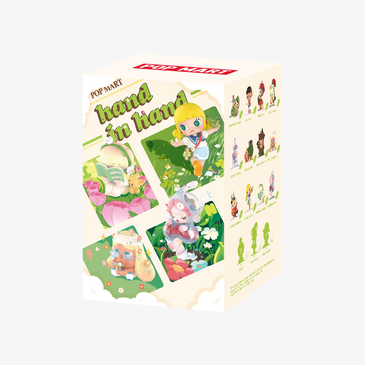 Hand in Hand Series Figures box featuring cartoon characters, part of a 12-design collection with a secret variant, available at Strangecat Toys.