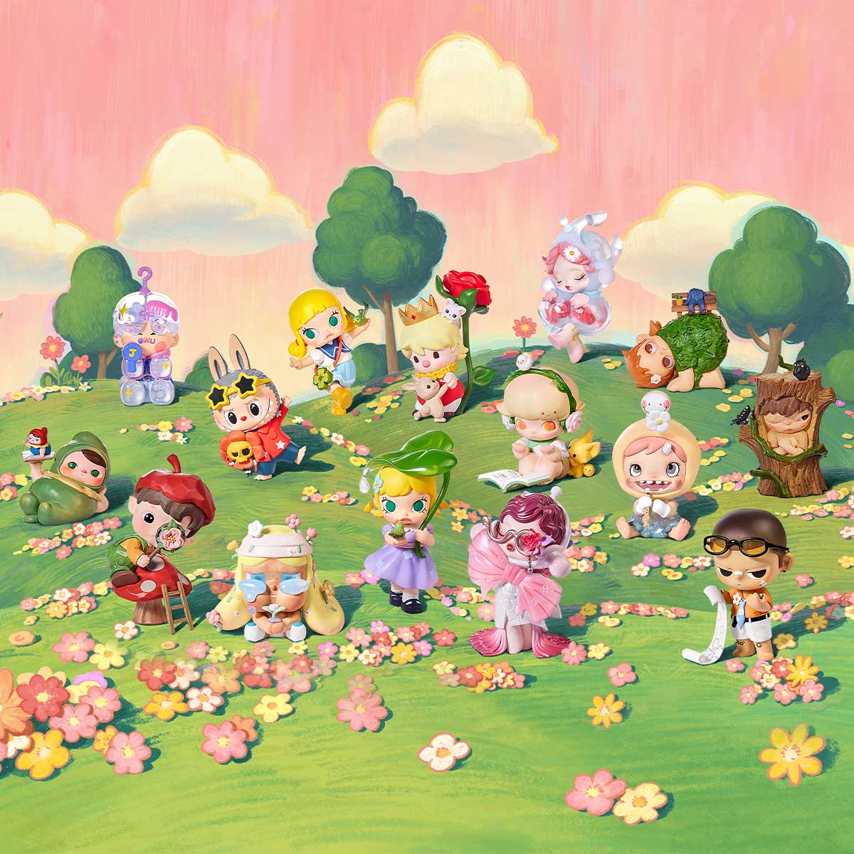 Hand in Hand Series Figures: Toy figurines of a girl holding a green plant and a boy, part of a 12-design collectible set.