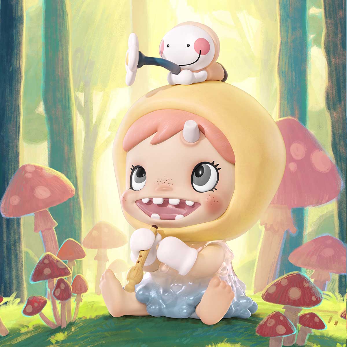 Close-up of the Hand in Hand Series Figures, featuring a cartoon-styled mushroom painting, part of a collectible series with 12 designs and 1 secret edition.