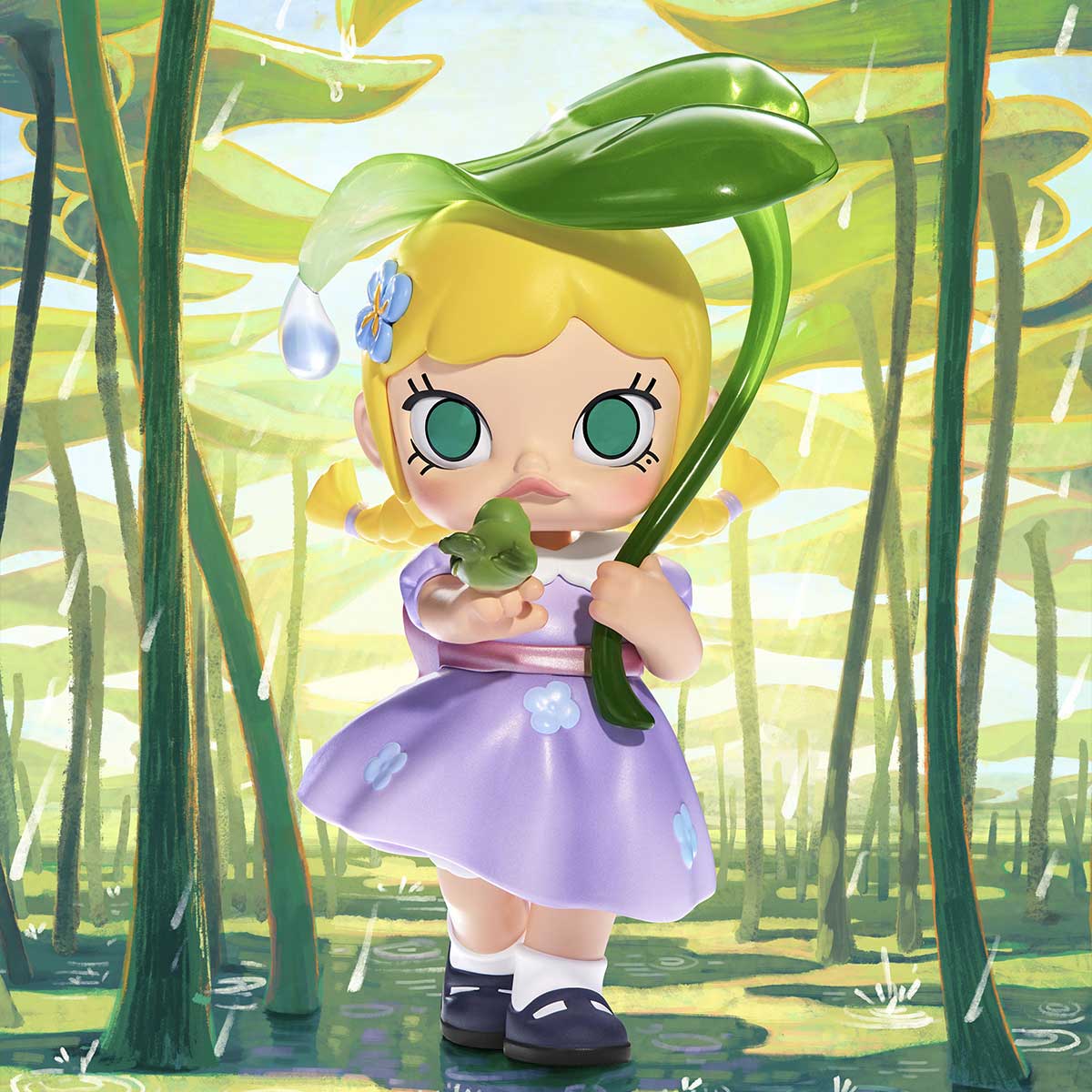 Hand in Hand Series Figures: A cartoon figurine of a girl holding a green plant, part of a collectible toy series with 12 designs and 1 secret variant.