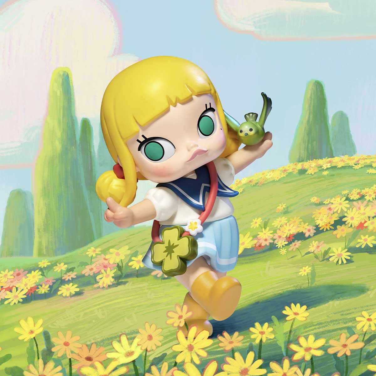 Hand in Hand Series Figures featuring a cartoon girl holding a bird, part of a 12-design collection with a potential secret edition.