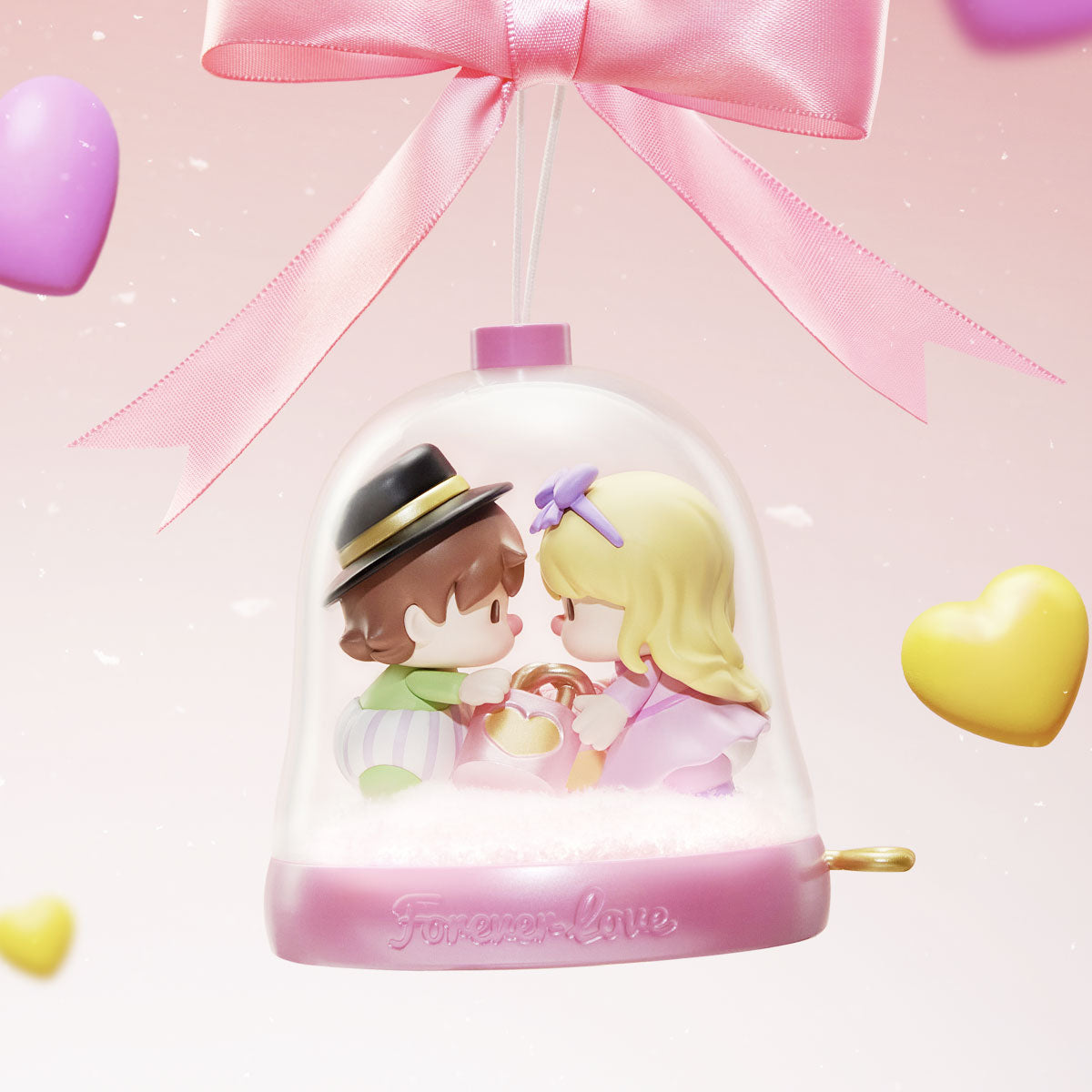 Sweet Bean The Language of Love Series Figures in a glass dome with a boy and girl figurine, featuring a pink bow and yellow heart accessory.