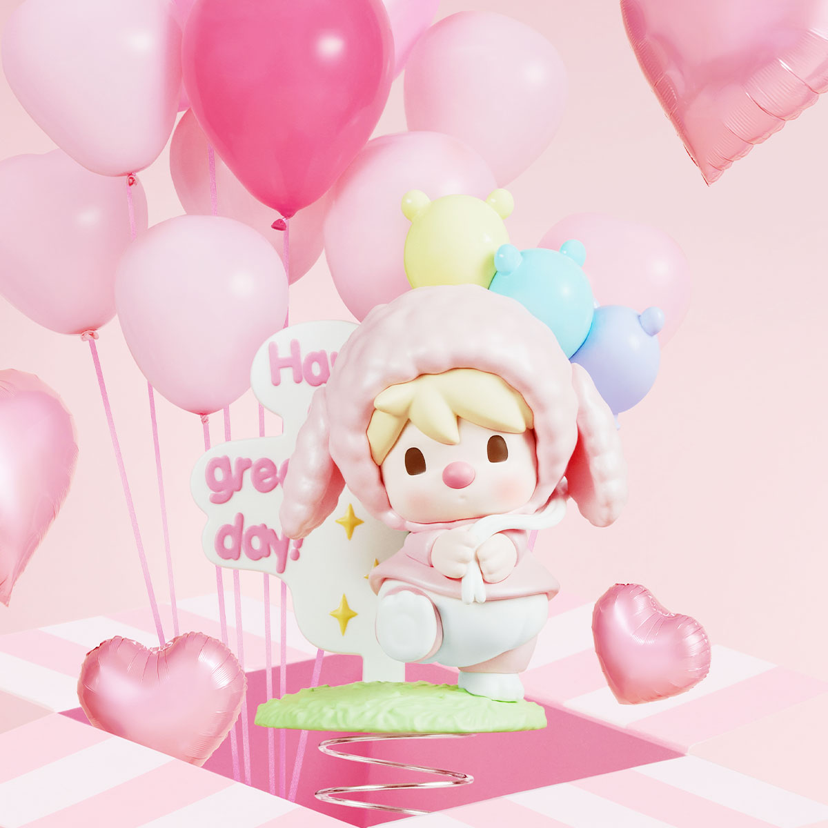 Sweet Bean The Language of Love Series Figures, featuring a pink heart-shaped balloon design, part of a collectible blind box set with 12 designs and 1 secret.