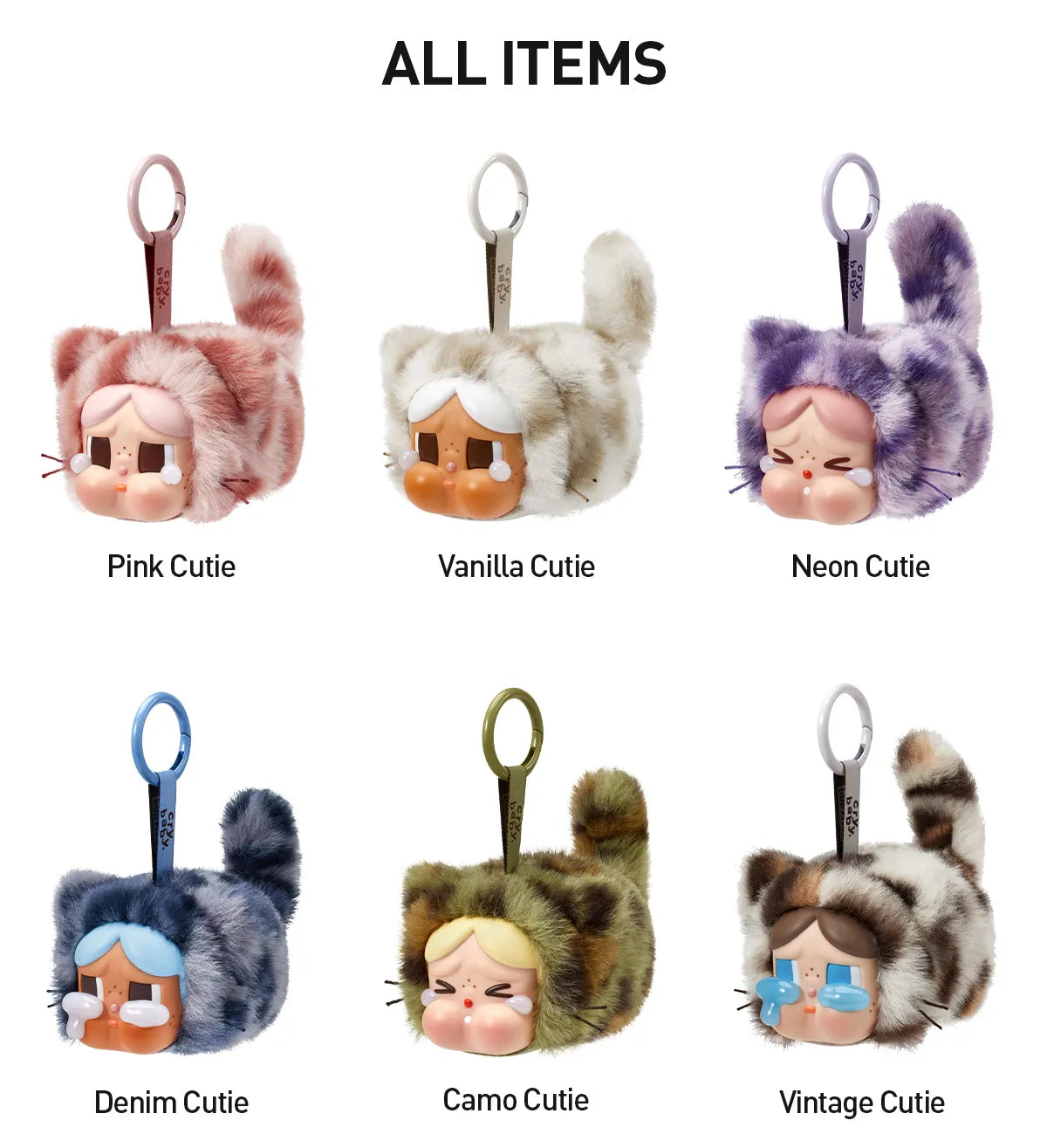 CRYBABY Wild but Cutie Series: Six fluffy cat-ear plush keychains with varied designs, featuring a crying face and hanging ring, available for preorder.