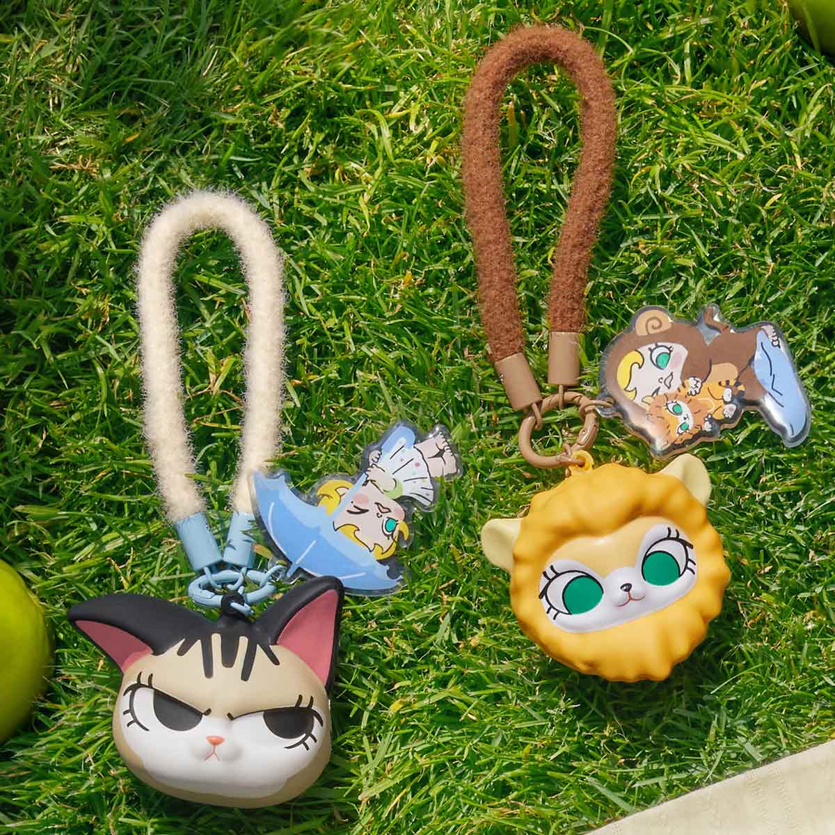Close-up of the Baby Molly & Baby Tabby Series-Pinch Pendant Blind Box keychain featuring a cartoon cat face, made of PU Foam, without the lanyard.