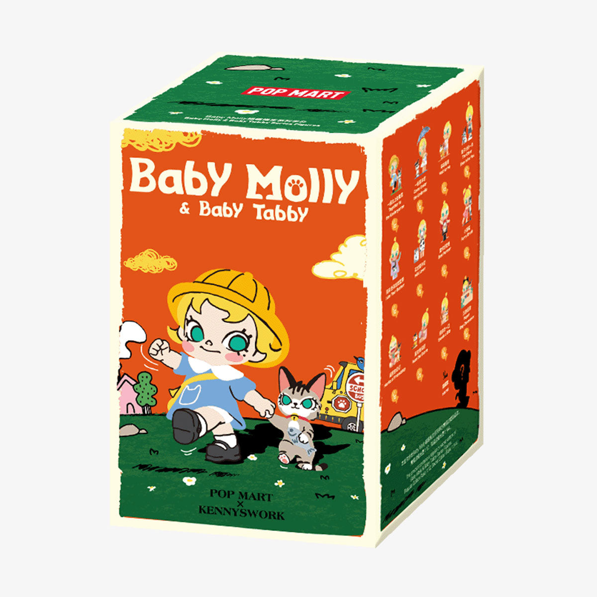 Baby Molly & Baby Tabby Series Figures packaging, featuring character artwork and possible designs for collectible figures by POP MART and Kenny's Work.