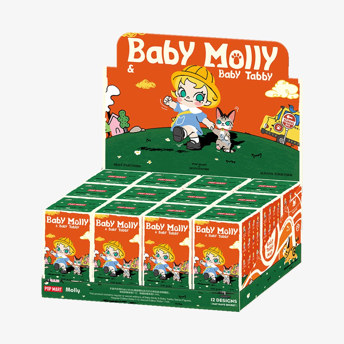 Baby Molly & Baby Tabby Series Figures displayed in sealed boxes on a countertop, each containing one of twelve collectible designs, including a rare secret version.