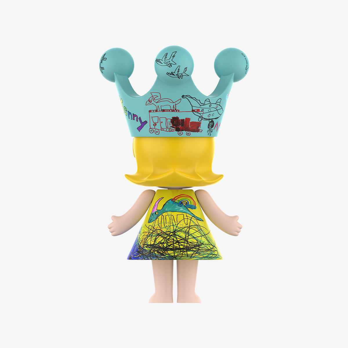 MEGA ROYAL MOLLY 400% Childishness toy, featuring a detailed train drawing and blue crown, made of ABS, dimensions 38cm/14.96inches.