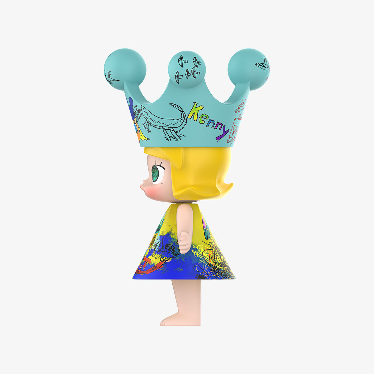 MEGA ROYAL MOLLY 400% Childishness: Blue crown with playful dinosaur and fingernail illustrations, crafted from ABS material, measuring 38cm for oversized artistic appeal.