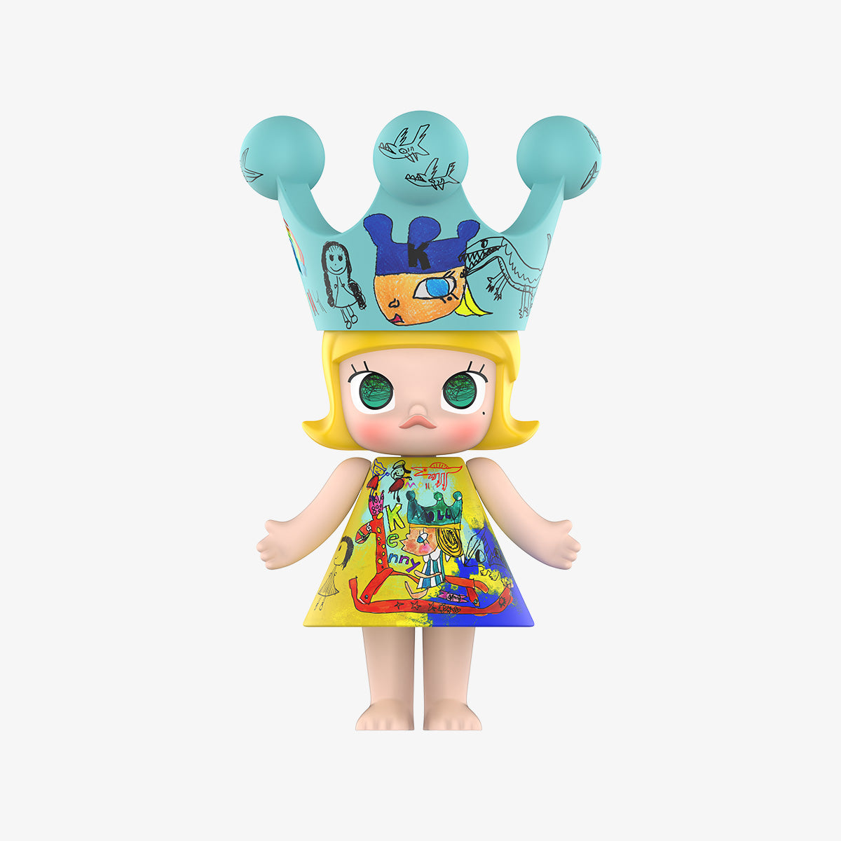 MEGA ROYAL MOLLY 400% Childishness toy featuring a blue crown with playful monster and butterfly illustrations, made of ABS, size 38cm.