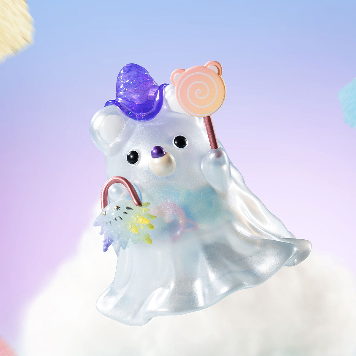 INSTINCTOY Muckey Celebration gift Series Figure: A pearlescent bear in a ghost costume with a purple top hat, holding a lollipop and candy-shaped purse.