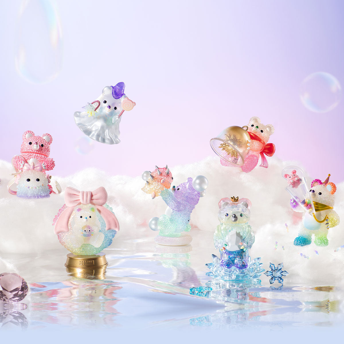 INSTINCTOY Muckey Celebration gift Series Figures displayed on fluffy clouds, featuring glittery teddy bears with tiny accessories, embodying a whimsical, fantasy theme.