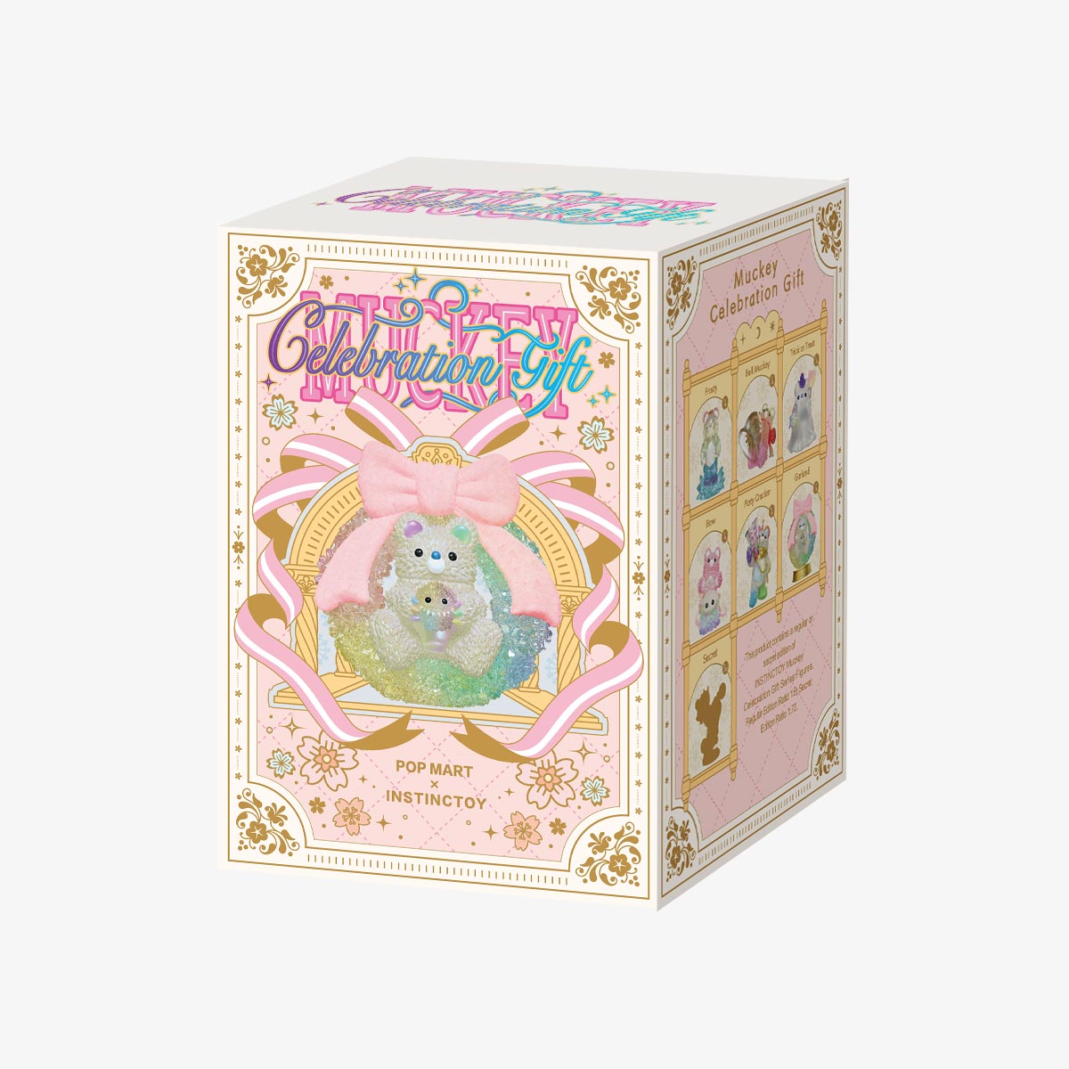 Packaging for INSTINCTOY Muckey Celebration Gift Series Figures by Pop Mart, featuring an iridescent bear in a wreath, highlighting six designs plus one secret variant.