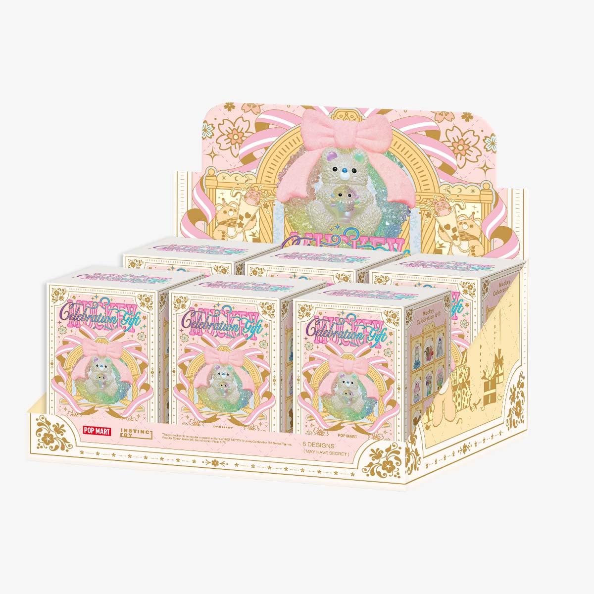 Display of six sealed INSTINCTOY Muckey Celebration Gift Series Figures, featuring collectible blind-box toys with glittery bear-and-bunny motifs, offering six designs and a potential secret variant.