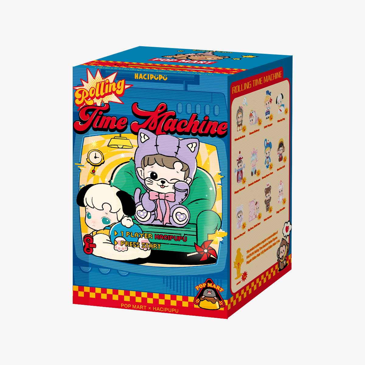 HACIPUPU Rolling Time Machine Series Figures - Preorder. Features a colorful box with a cat-ears character and checklist. Contains one random blind-box toy.