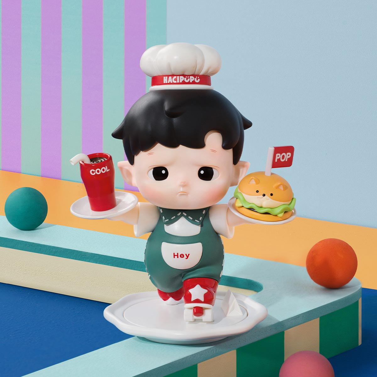 3D figure from HACIPUPU Rolling Time Machine Series, featuring a chef boy with roller skate, burger, and drink, available for preorder at Strangecat Toys.